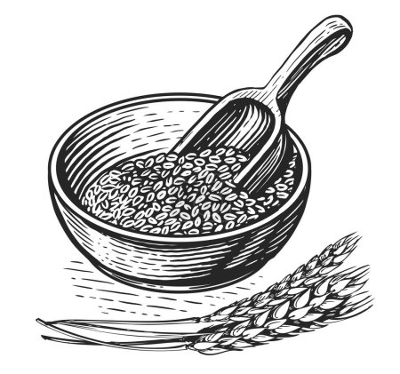 Photo for Healthy Food. Breakfast porridge bowl in sketch style. Barley grains, wooden scoop and ears of wheat - Royalty Free Image