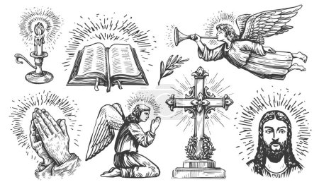 Holy Bible, praying hands, flying messenger angel, burning candle, Jesus Christ. Faith in God concept in sketch style