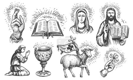 Concepto de Fe en Dios en estilo de boceto. Conjunto de ilustraciones religiosas en estilo grabado vintage