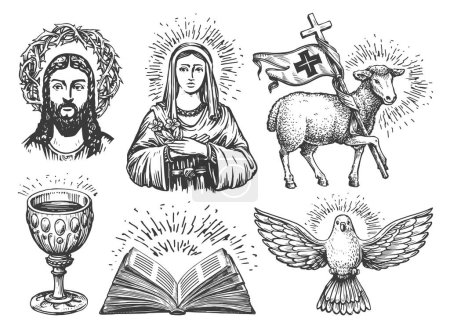 Téléchargez les photos : Saint Graal, Jésus avec couronne d'épines, Sainte Bible, Vierge Marie, colombe, symbole du mouton catholicisme. Concept de foi en Dieu - en image libre de droit