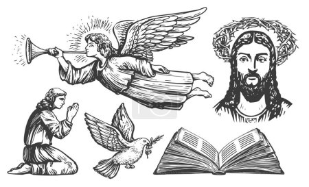 Téléchargez les photos : Foi en Dieu, concept de motifs bibliques, croquis. Collection d'illustrations religieuses de style gravure vintage - en image libre de droit