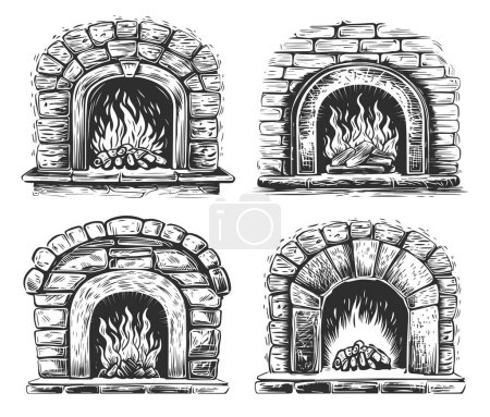 Photo for Firewood burns in a brick oven. Warm fire in stone fireplace, set. Illustration in sketch style - Royalty Free Image