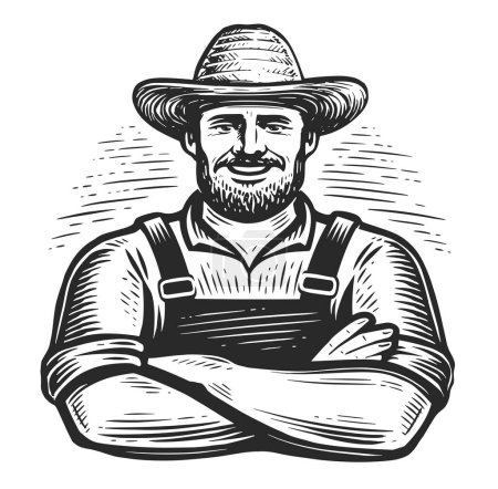 Happy farm worker in hat emblem. Smiling senior farmer with arms crossed. Sketch illustration