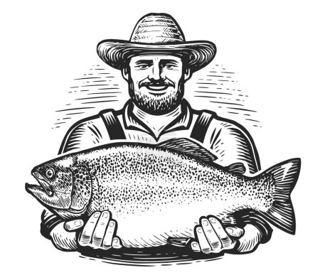 Pesca deportiva, ilustración de bocetos. Pescador feliz dibujado a mano en un sombrero sostiene el pez grande atrapado en sus manos