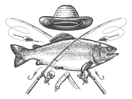 Foto de Emblema de pesca en estilo grabado vintage. Símbolo de pescado y caña. Recreación deportiva, ilustración de bocetos - Imagen libre de derechos