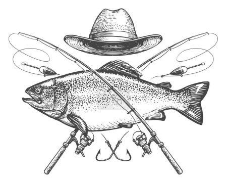 Foto de Pescado emblema de la pesca en estilo de grabado antiguo. Diseño del torneo de pesca deportiva plantilla ilustración boceto - Imagen libre de derechos
