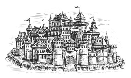 Téléchargez les photos : Ville médiévale. Château en pierre avec tours. Paysage urbain dans le style de gravure vintage. Illustration dessinée à la main - en image libre de droit