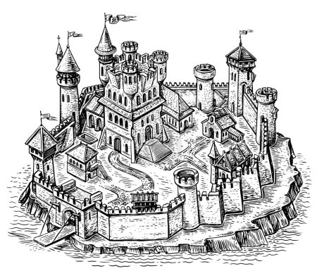 Photo for Medieval town. Stone castle with towers isometry. Cityscape in vintage engraving style. Sketch illustration - Royalty Free Image