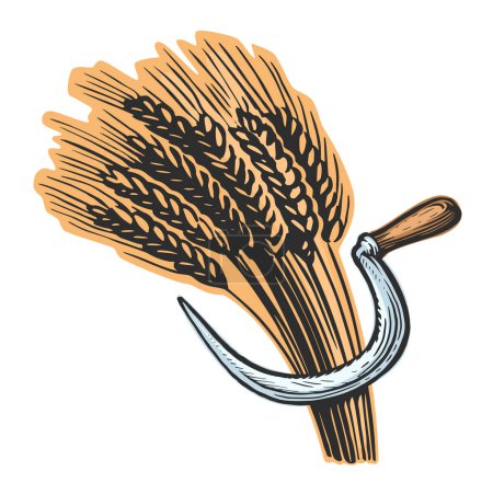 Foto de Hoja de trigo y hoz. Ilustración del símbolo del pan fresco. Agricultura, concepto de agricultura - Imagen libre de derechos