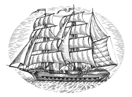 Téléchargez les photos : Vintage voilier en mer croquis. Vieux navire avec des voiles illustration en style gravure - en image libre de droit