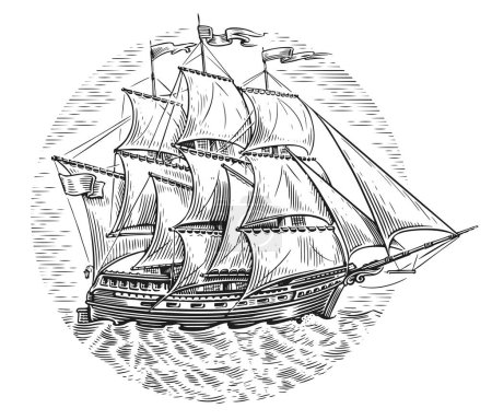 Navire avec voiles en mer illustration. Croquis de voilier vintage en style gravure