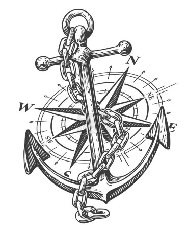 Photo for Hand drawn anchor with chain and nautical compass in engraving style. Sketch vintage illustration - Royalty Free Image