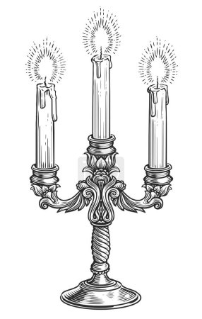 Photo for Vintage candelabra with three burning candles in engraving style. Hand drawn candlestick sketch illustration - Royalty Free Image
