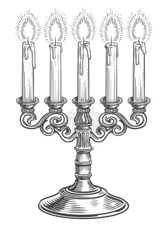 Foto de Candelabro con cinco velas encendidas. Dibujo dibujado a mano ilustración vela vintage - Imagen libre de derechos