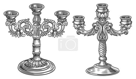 Foto de Candelero vintage retorcido para tres velas. Dibujo ilustración de candelabros en estilo grabado - Imagen libre de derechos