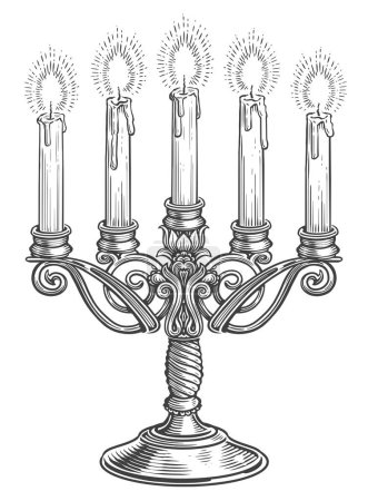 Foto de Candelabro vintage con cinco velas encendidas en estilo grabado. Ilustración de boceto de vela dibujado a mano - Imagen libre de derechos