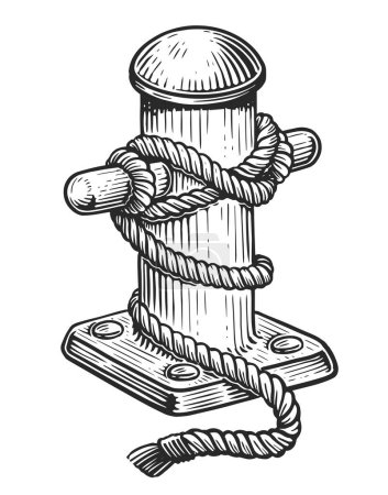 Foto de Vieja pilona marina con cuerda atada en el muelle. Dibujo dibujado a mano ilustración vintage - Imagen libre de derechos