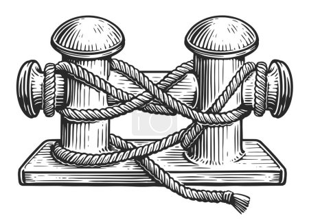 Foto de Pilona de amarre con cuerda de barco. Concepto marino. Dibujo ilustración vintage - Imagen libre de derechos