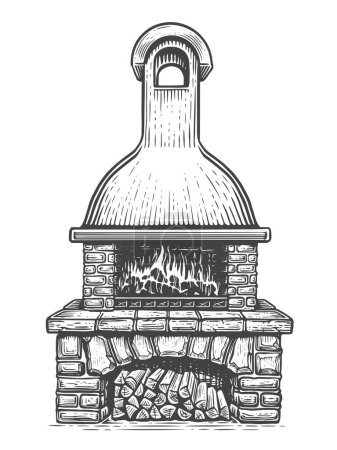 Téléchargez les photos : Poêle de jardin en pierre avec feu et bois de chauffage. Cuisine grill nourriture, barbecue croquis vintage illustration gravure style - en image libre de droit