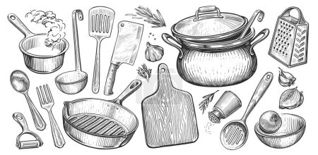 Concepto de cocina. Utensilios de cocina engastados en estilo grabado vintage. Ilustración del boceto