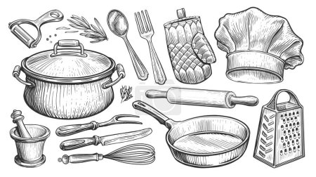 Foto de Set de utensilios de cocina para cocinar. Concepto de comida. Dibujo ilustración vintage para restaurante o menú de comedor - Imagen libre de derechos