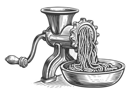 Retro meat grinder with handle. Vintage kitchen equipment. Engraved sketch illustration. Old mincing machine in action