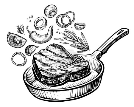 Téléchargez les photos : Faire cuire le steak de bœuf avec des épices et des légumes dans une poêle. Nourriture grillée, illustration de croquis de barbecue - en image libre de droit