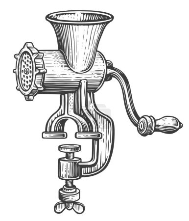 Photo for Vintage manual meat mincer. Retro kitchen grinder with handle sketch illustration - Royalty Free Image