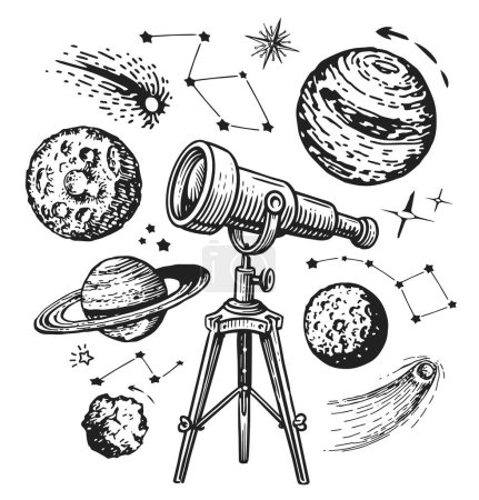 Téléchargez les photos : Rétro télescope regarde les planètes et les étoiles. Galaxy, concept d'espace extérieur. Esquisse dessinée à la main illustration vintage - en image libre de droit