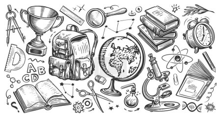 Photo for Set of school items. Sketch illustration in hand drawn doodle style. Back to school, education concept - Royalty Free Image