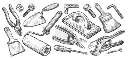 Photo for Construction or repair supplies. Set of tools. Hand drawn sketch illustration - Royalty Free Image