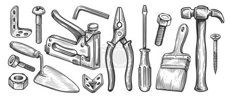 Foto de Conjunto de herramientas de trabajo manual para trabajos de construcción o reparación. Dibujo dibujado a mano ilustración - Imagen libre de derechos