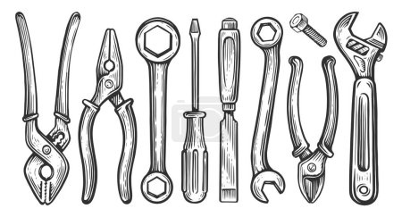 Foto de Conjunto de herramientas de trabajo manual. Equipos de construcción o trabajos de reparación. Dibujo dibujado a mano ilustración - Imagen libre de derechos