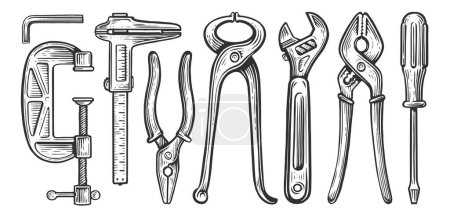 Photo for Set of working tools. Construction equipment for or repair work. Hand drawn sketch illustration - Royalty Free Image