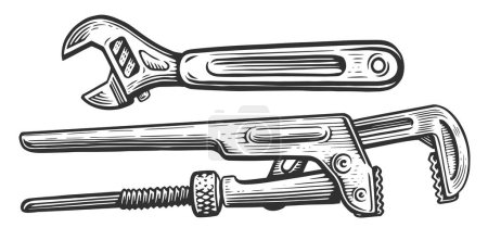 Photo for Wrench tool in sketch style. Construction, plumbing spanner vintage illustration - Royalty Free Image