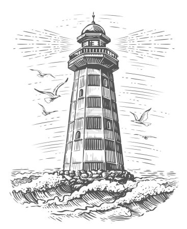 Vintage old lighthouse and sea waves. Engraving style illustration of beacon
