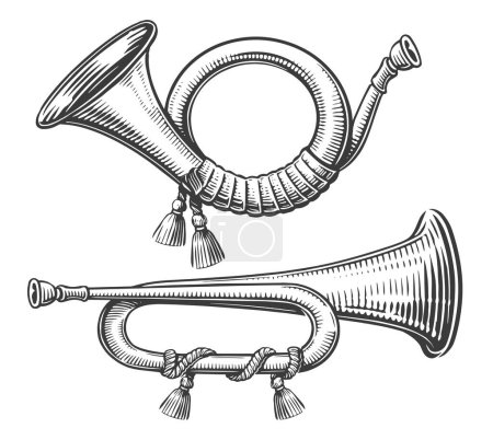 Photo for Retro Post horn. Hunting bugle sketch illustration in engraving style - Royalty Free Image