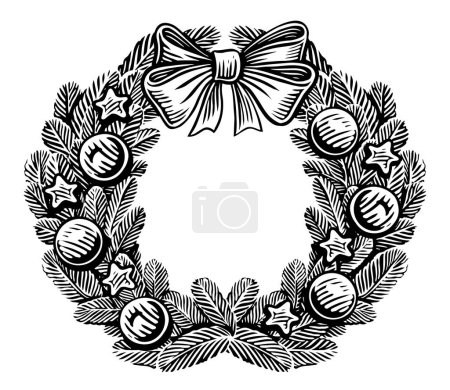 Foto de Corona de Navidad de ramas de abeto, decorada con un lazo de satén y bolas decorativas. Ilustración de bocetos vintage - Imagen libre de derechos