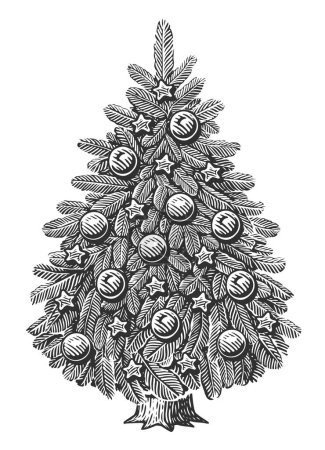 Foto de Árbol de abeto dibujado a mano decorado con luces y bolas. Feliz Navidad y Feliz Año Nuevo ilustración - Imagen libre de derechos