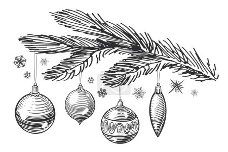 Foto de Bolas de Navidad y adornos colgando de una rama de abeto. Decoraciones navideñas boceto ilustración vintage - Imagen libre de derechos