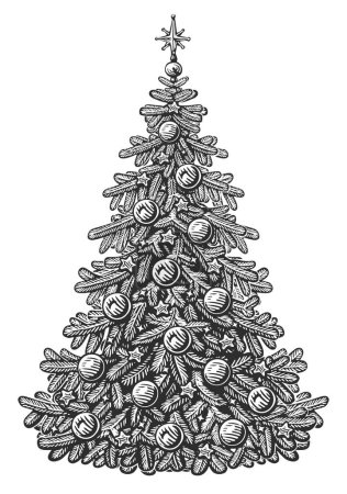 Téléchargez les photos : Sapin dessiné à la main décoré avec des lumières et des boules. Joyeux Noël et bonne année. Esquisse d'illustration - en image libre de droit