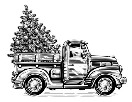 Téléchargez les photos : Camion rétro de Noël dessiné à la main avec pin dans le style croquis. Joyeux Noël illustration vintage - en image libre de droit