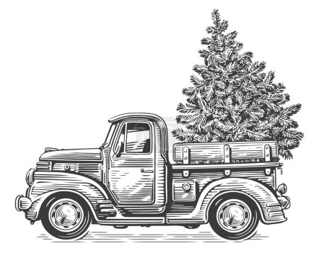 Téléchargez les photos : Camion rétro de Noël avec pin. Esquisse dessinée à la main style de gravure d'illustration vintage - en image libre de droit