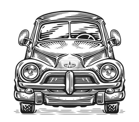 Téléchargez les photos : Vue de face d'une voiture rétro, illustration en noir et blanc. Mode de transport routier ancien - en image libre de droit