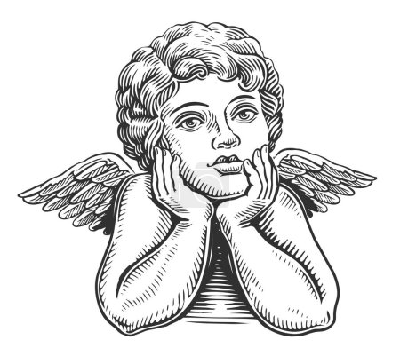 Téléchargez les photos : Enfant ange aux ailes. Croquis de Chérubin ou Cupidon. Illustration dessinée à la main style gravure - en image libre de droit