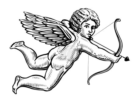 Téléchargez les photos : Ange volant tenant un arc et visant ou tirant une flèche, tiré à la main. Illustration de gravure vintage - en image libre de droit