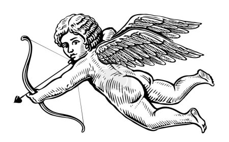 Téléchargez les photos : Flying Angel vise une flèche d'un arc, dessinée à la main. Dieu d'amour, caractère mythologique avec des ailes - en image libre de droit
