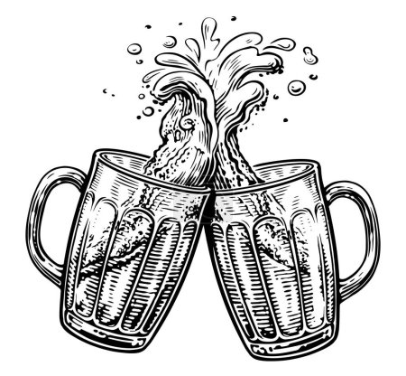 Téléchargez les photos : Deux tasses à bière grillées. Chariots en verre clinquant pleins de bière et de mousse éclaboussée - en image libre de droit