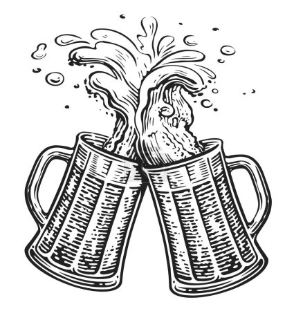 Photo for Two toasting beer mugs, Cheers. Oktoberfest, clinking glass tankards full of beer and splashed foam - Royalty Free Image