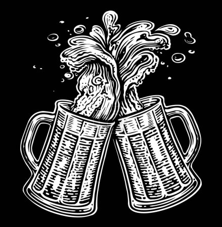 Photo for Two toasting mugs for brewery, pub, bar. Clinking glass tankards full of beer and splashed foam - Royalty Free Image